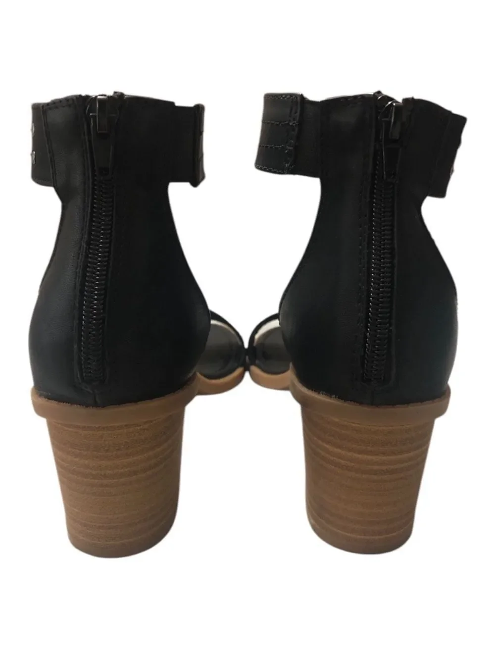 FRYE & CO 11 ZAKI Black Studded Ankle Strap Back Zip Stacked Block Heel Sandals
